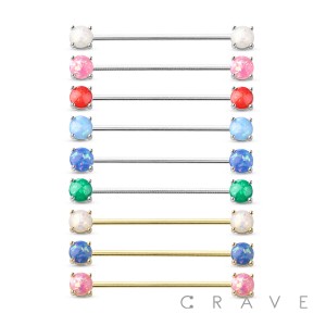 DOUBLE ROUND RESIN OPAL PRONG SET 316L SURGICAL STEEL INDUSTRIAL BARBELL